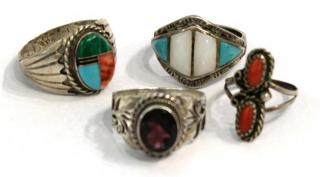 Appraisal: Native American Silver Coral Turquoise Rings Four silver rings adorned