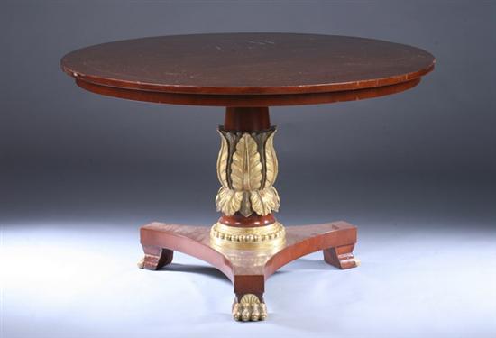 Appraisal: EMPIRE-STYLE MAHOGANY AND PARCEL-GILT CENTER TABLE th century Circular top