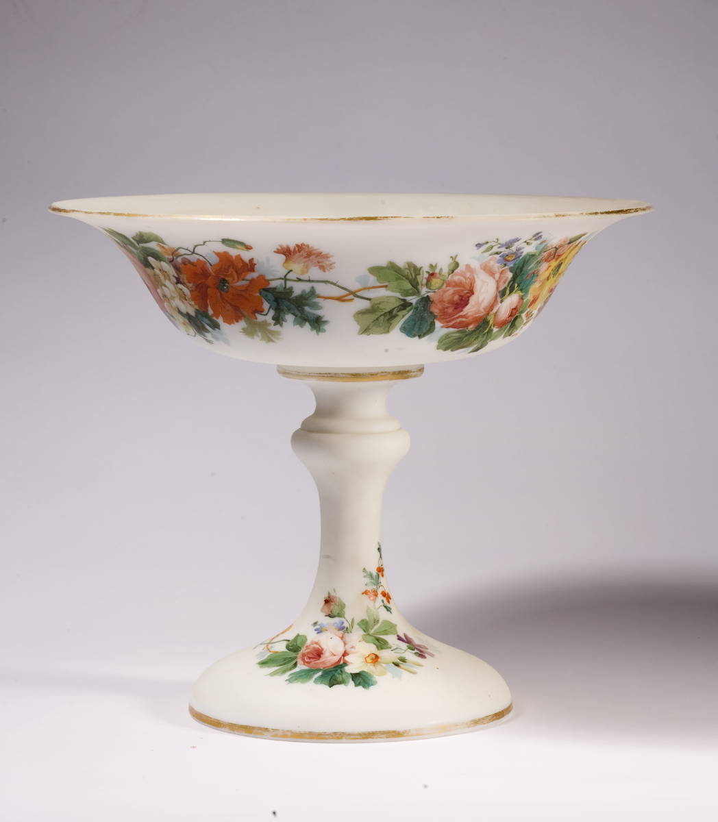 Appraisal: LUSTRELESS WHITE GLASS COMPOTE WITH FINELY EXECUTED FLORAL RESERVES Height