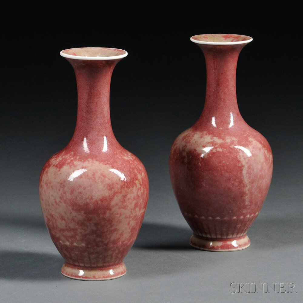 Appraisal: Pair of Peachbloom Glazed Vases China baluster form with flared