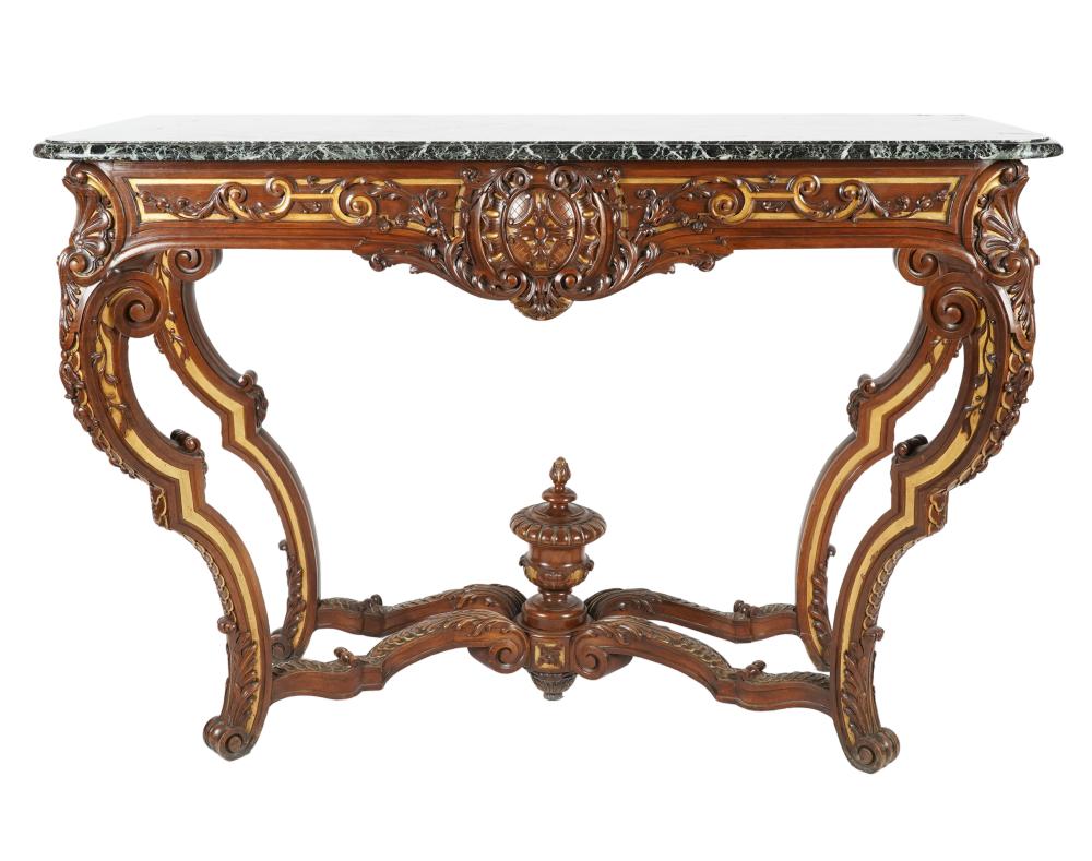 Appraisal: ROCOCO-STYLE CARVED WOOD MARBLE-TOP CONSOLE TABLEmodern cabriole legs with carved