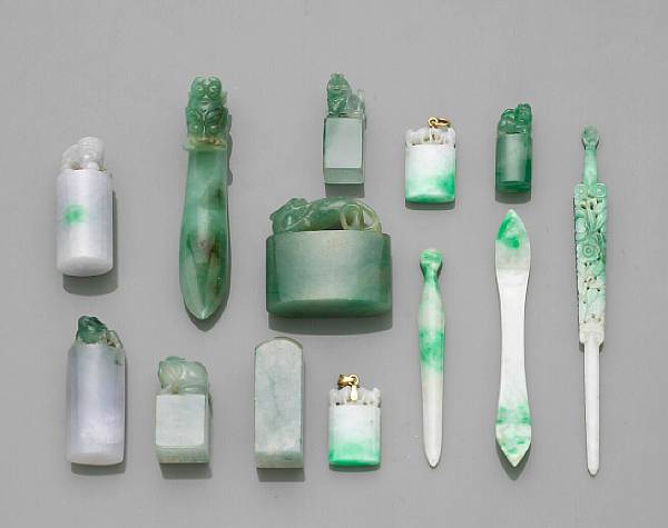 Appraisal: Thirteen jadeite decorations Including six seals of oval square or