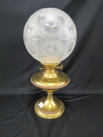 Appraisal: Antique Brass Oil Lampwith cut etched glass frosted globe tall