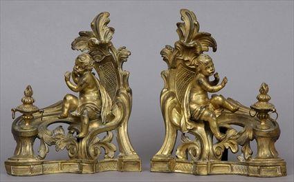 Appraisal: PAIR OF LOUIS XV GILT-BRONZE FIGURAL CHENETS Each modeled with