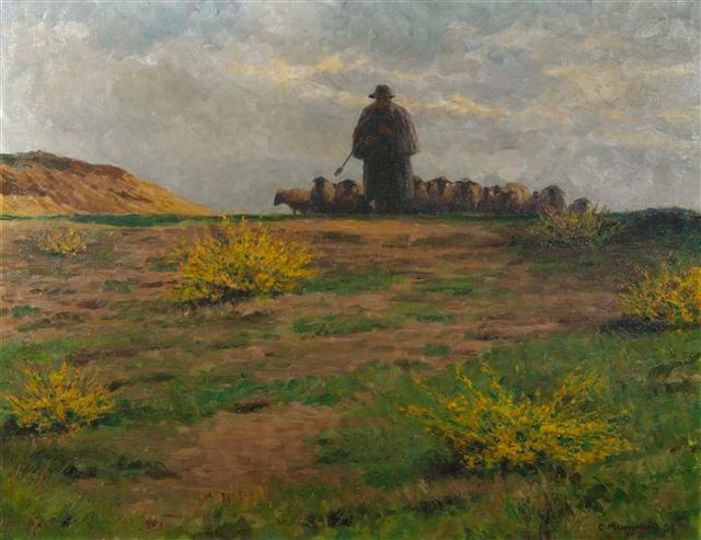 Appraisal: C MUMMERT - A shepherd with sheep by the coast