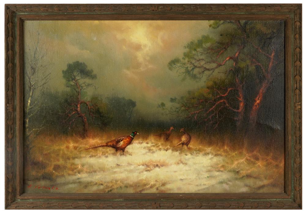 Appraisal: TH CENTURY BIRDS IN LANDSCAPEoil on canvas signed illegibly lower