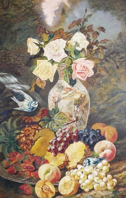 Appraisal: Illegibly signed oil on canvas painting showing a fruit plate