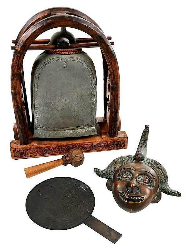 Appraisal: Lot of Three Bronze Decorative Objects Japanese hand mirror with