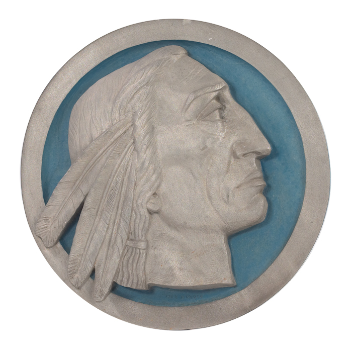 Appraisal: Gabriella Varsa cast aluminummedallion Indian head in relief bluetrim signed