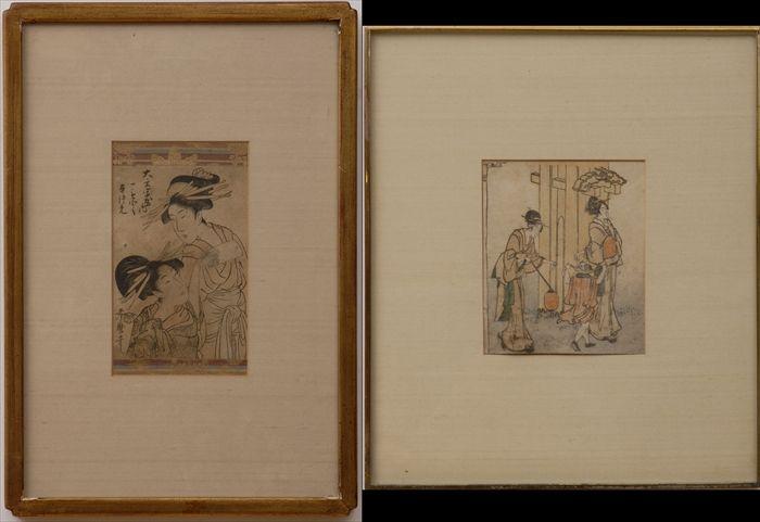 Appraisal: TWO JAPANESE WOODBLOCK PRINTS The one with ladies calligraphy and