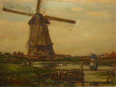 Appraisal: OWEN BOWEN - Dutch Landscape with Windmill Figure on a