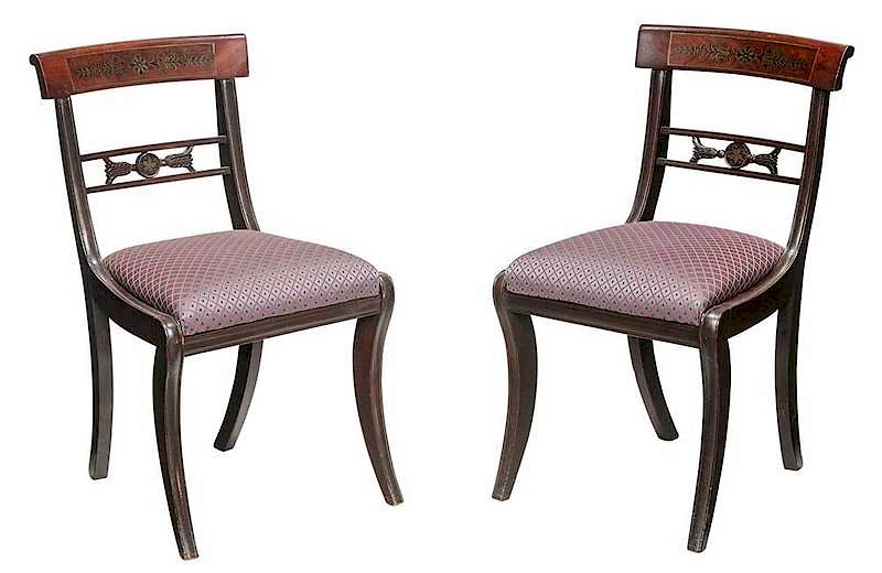 Appraisal: Pair Regency Brass Inlaid Mahogany Side Chairs British th century