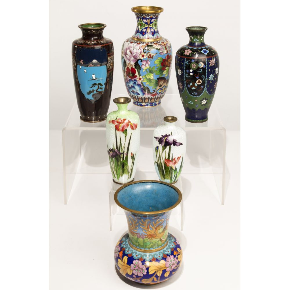 Appraisal: JAPANESE STYLE CLOISONNE AND GINBARI MUSEN VASE ASSORTMENT vases having