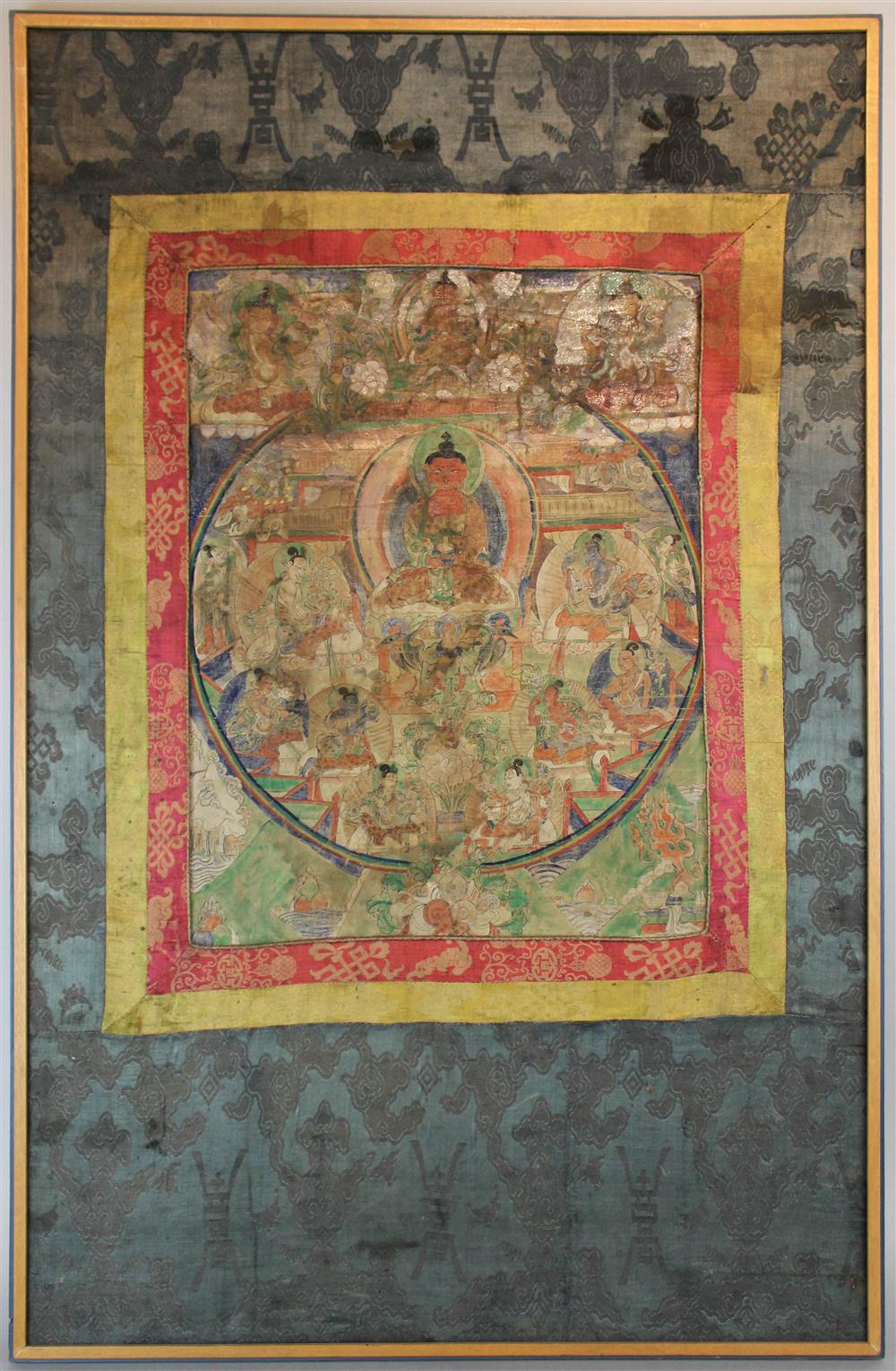 Appraisal: SINO-TIBETAN THANGKA with a central Buddha seated cross legged and