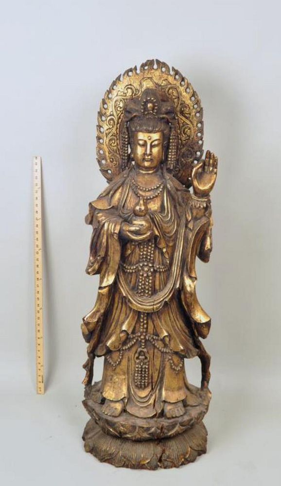 Appraisal: Large Carved Giltwood Full Length Standing Guanyin finely robed and