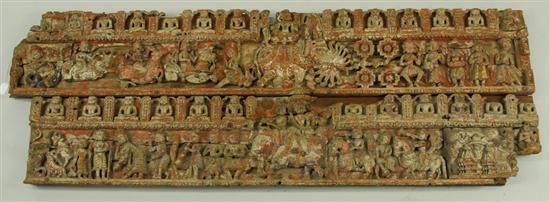 Appraisal: INDIAN CARVED TEAKWOOD ARCHITECTURAL RELIEF possibly th century depicting rows