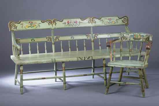 Appraisal: AMERICAN GREEN AND POLYCHROME PAINT-DECORATED LONG BENCH AND LOW-BACK WINDSOR