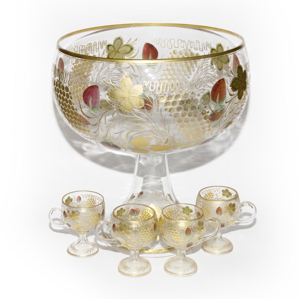 Appraisal: Gilt and Polychrome Decorated Glass Punch Bowl and Six Glasses