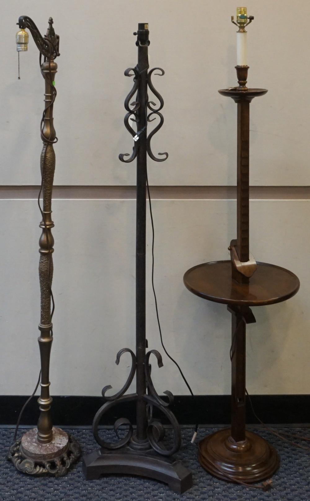 Appraisal: MAHOGANY SMOKER'S AND PATINATED METAL FLOOR LAMPS WITH PLASTER OVERHANG