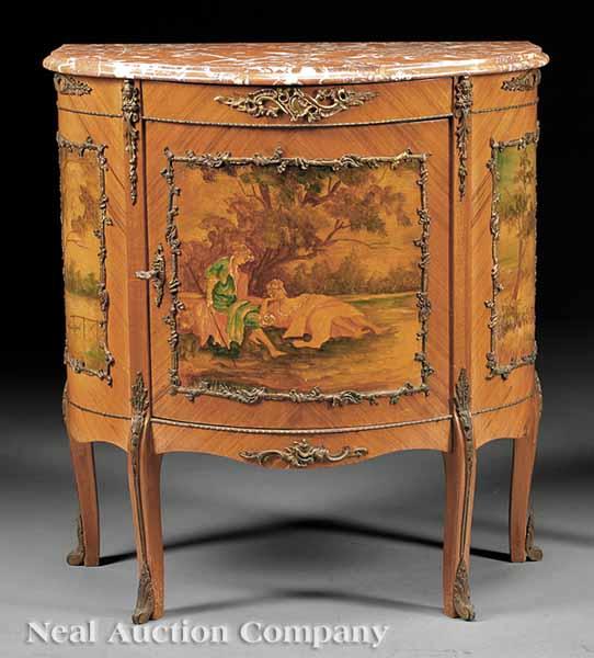 Appraisal: An Italian Gilt Bronze Paint-Decorated Parquetry Petite Commode rouge marble