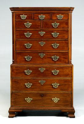 Appraisal: Charleston Chippendale chest on chest figured mahogany veneers and heavy