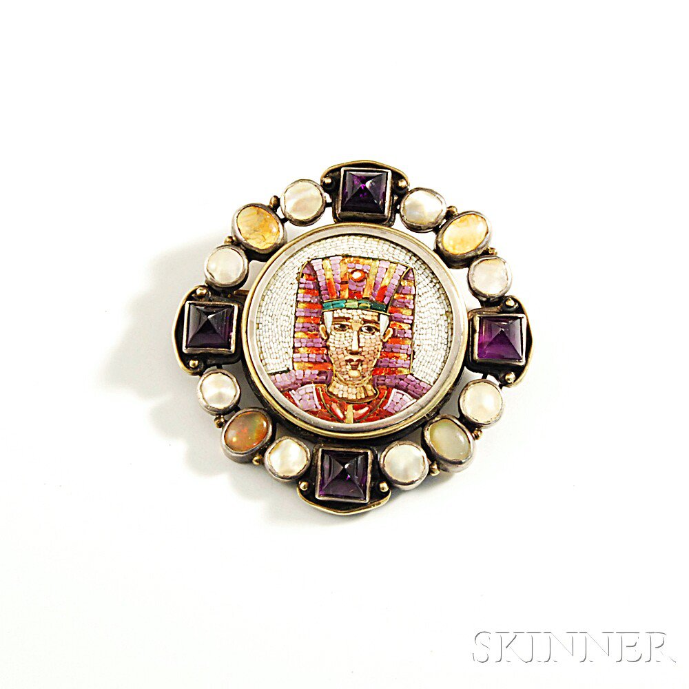 Appraisal: Egyptian Revival Sterling Silver Hardstone and Micromosaic Brooch the central