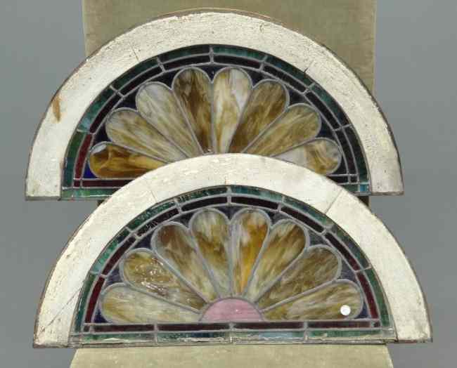 Appraisal: Pair th c half round stained glass windows '' W