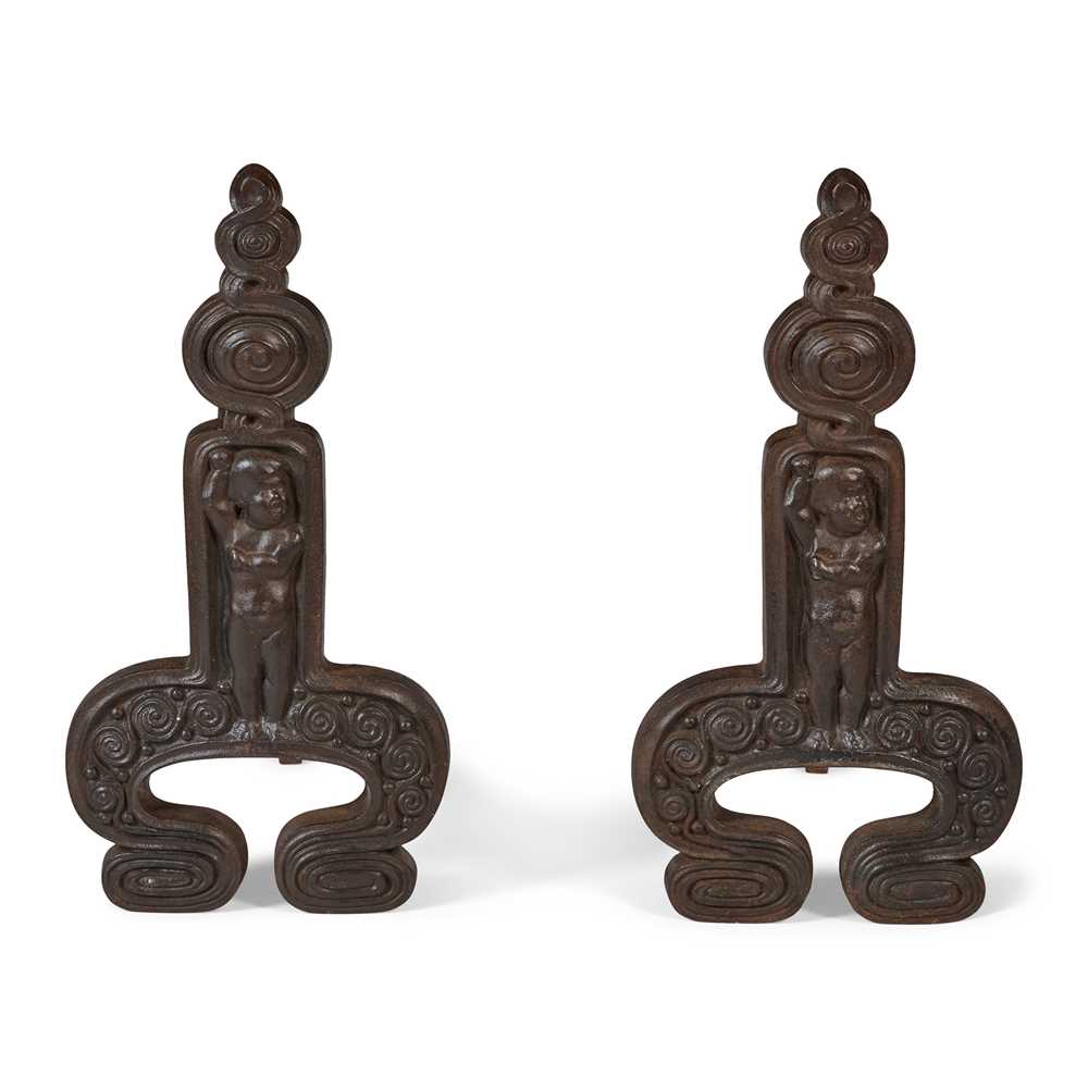 Appraisal: ENGLISH PAIR OF FIRE DOGS DATED cast iron stamped COPYRIGHTED