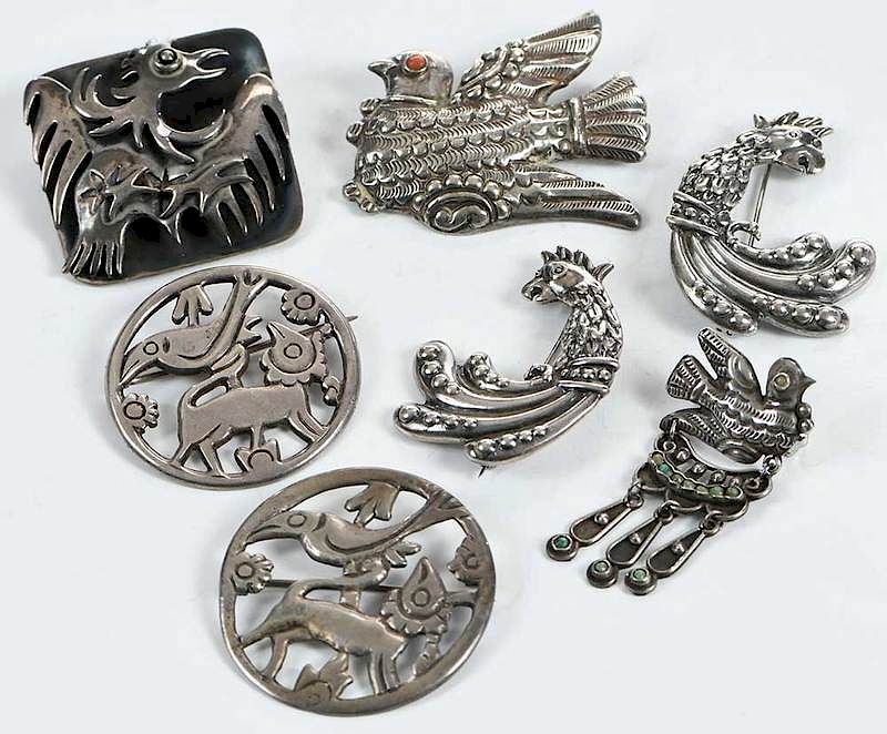 Appraisal: Seven Silver Brooches bird designs assorted stamps for Mexico Taxco