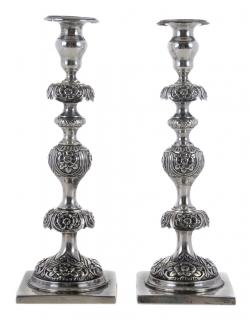 Appraisal: Pair Russian Silver Candlesticks St Petersburg square bases stem with