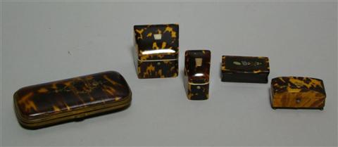 Appraisal: FIVE TORTOISESHELL PIQUE TYPE ITEMS AND FOUR ENAMELLED SNUFF BOXES