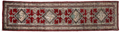 Appraisal: Tabriz runner four diamond medallions on brick-red ground with detailed