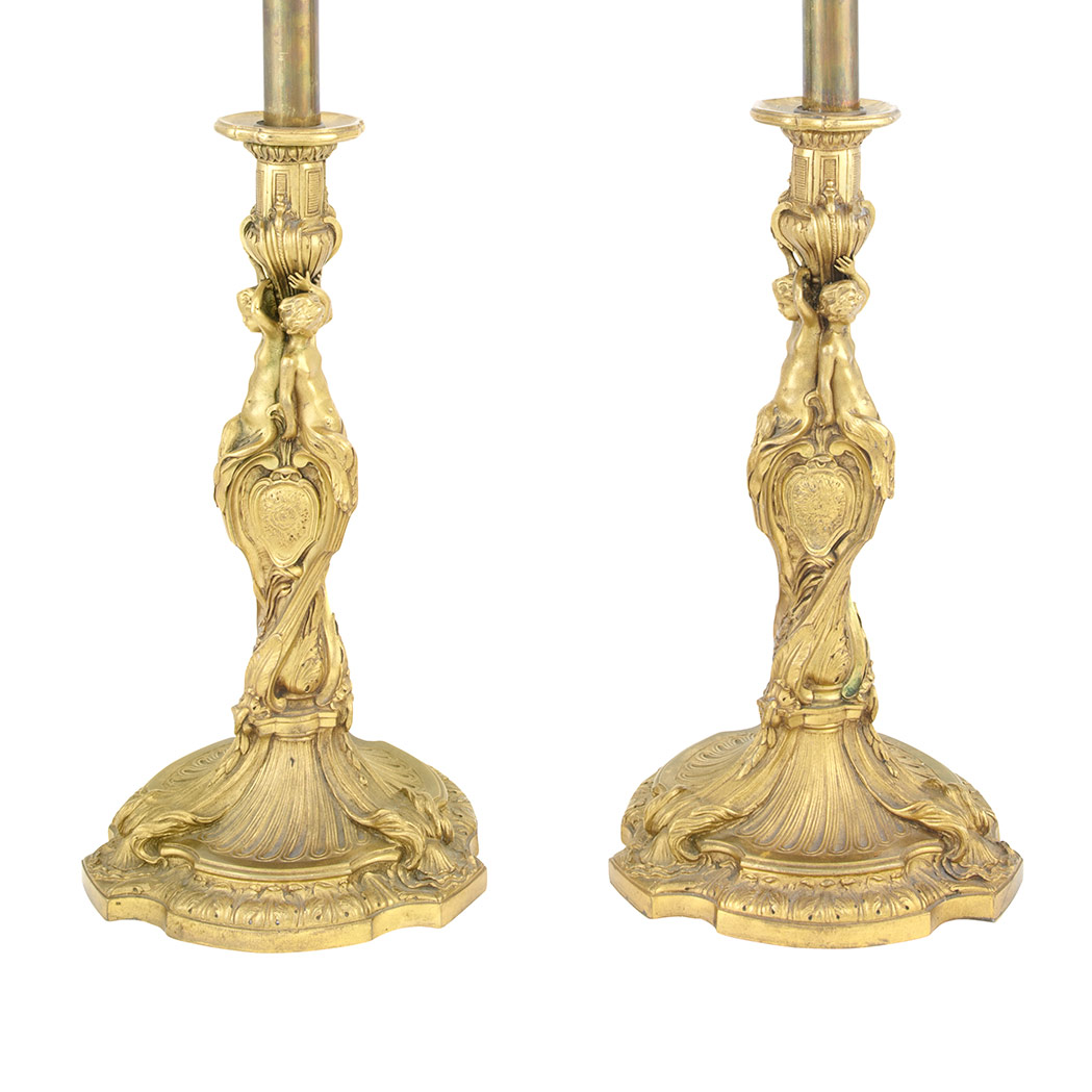 Appraisal: Pair of Louis XV Style Gilt-Bronze Candlesticks Each now mounted