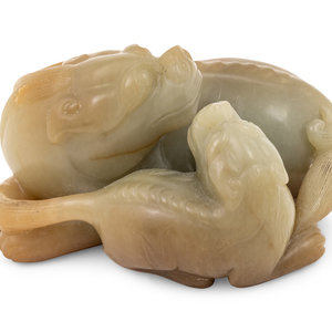 Appraisal: A Chinese Celadon and Russet Jade Carving of Two Mythical