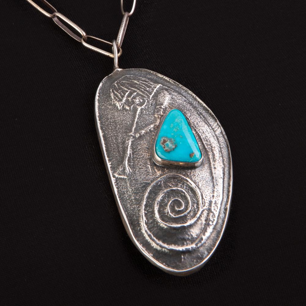 Appraisal: PRESTON MONONGYE TUFA CAST SILVER AND TURQUOISE NECKLACEPreston Monongye Hopi