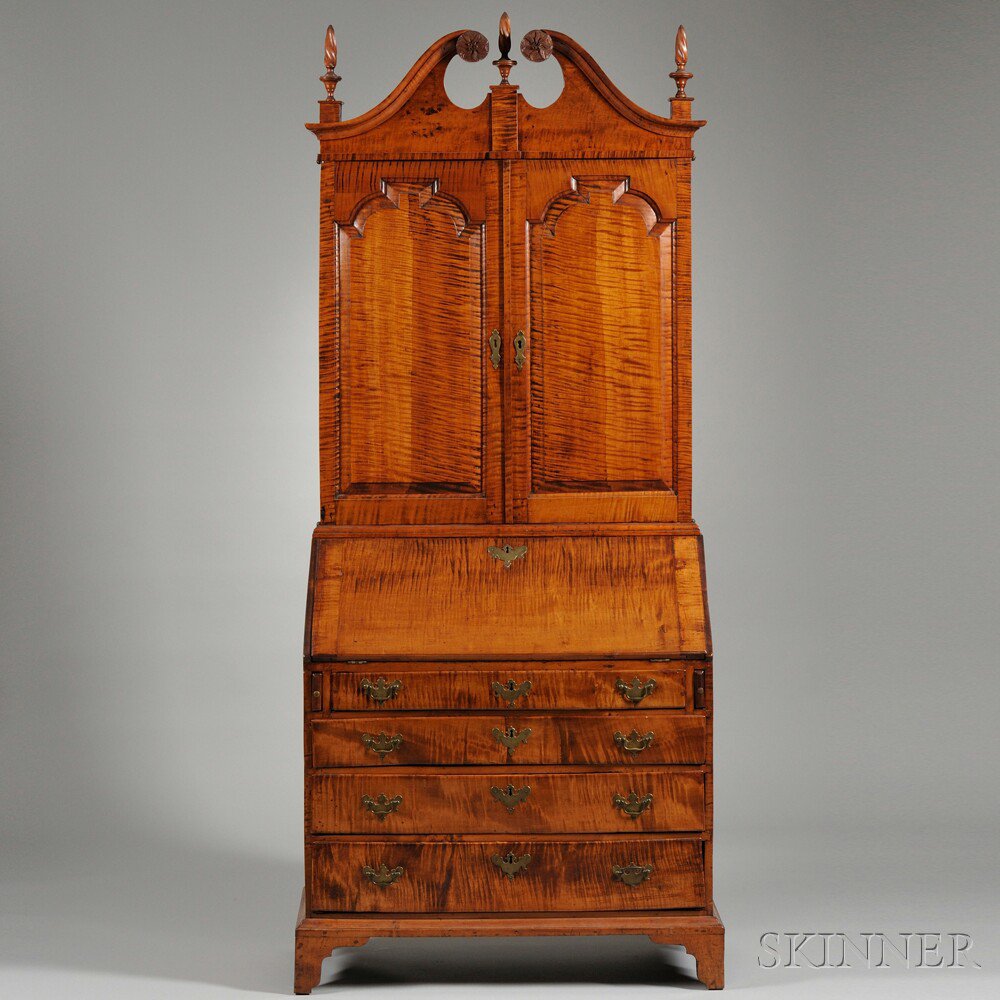 Appraisal: Chippendale-style Tiger Maple Desk and Bookcase the upper section with