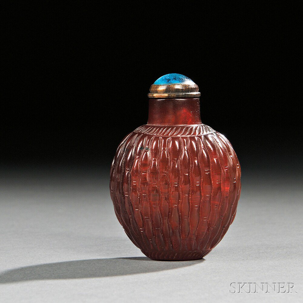 Appraisal: Red Amber Basketweave Snuff Bottle China th th century oviform