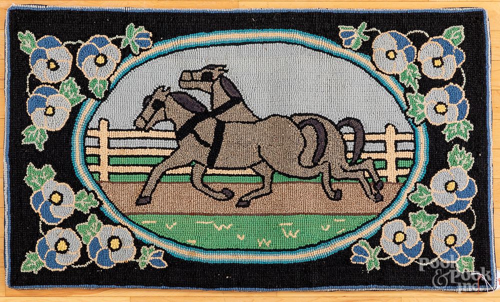 Appraisal: American hooked rug with galloping horses American hooked rug with