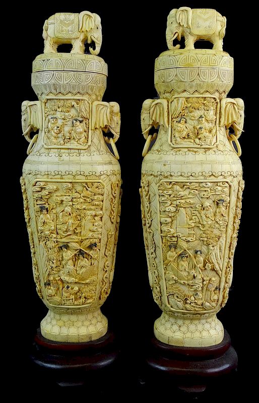 Appraisal: A Large Pair of Chinese Export Bone Elephant Urns A