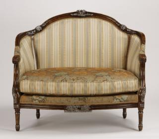 Appraisal: Contemporary French style settee Contemporary French style camelback settee upholstered