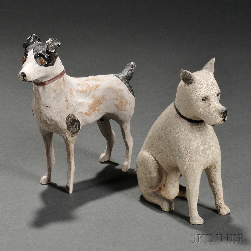 Appraisal: Two Carved and Painted Wood Dogs probably America late th