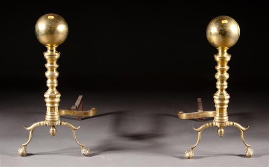 Appraisal: Pair of Chippendale style brass cannon ball andirons late th