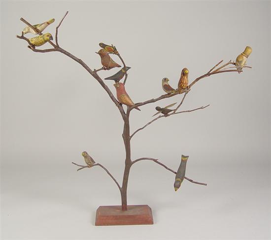 Appraisal: Contemporary Folk Art Bird Tree Twelve carved birds with wire