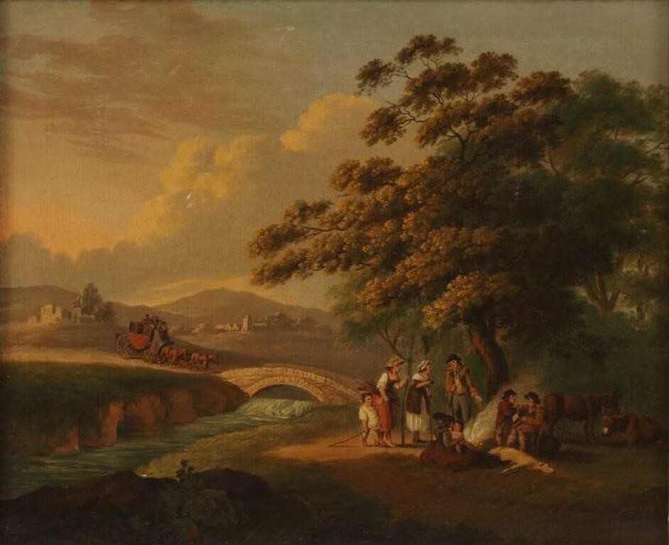 Appraisal: Framed oil on canvas painting Landscape with Stagecoach and Figures