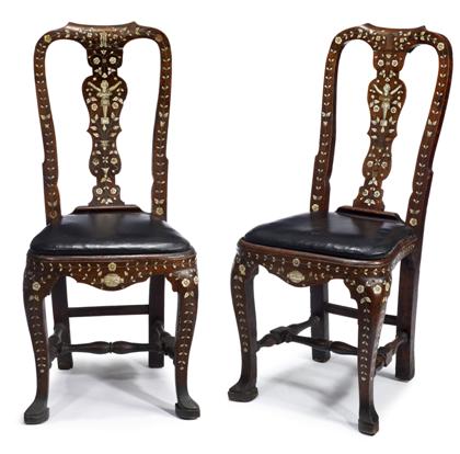 Appraisal: Pair of Portuguese walnut bone inlaid sidechairslate th century