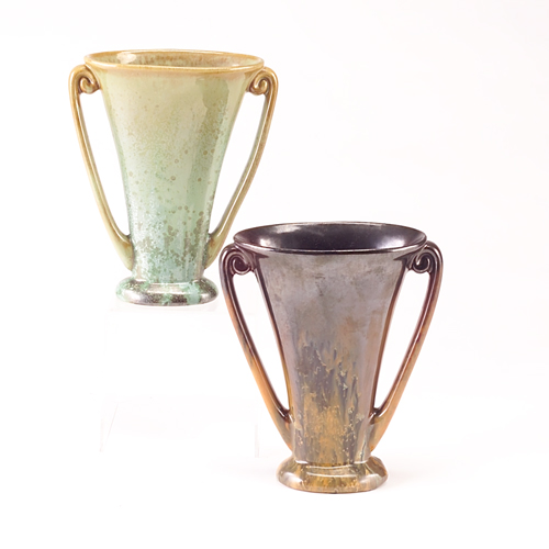 Appraisal: FULPER Two flat flaring urns with curled handles one in