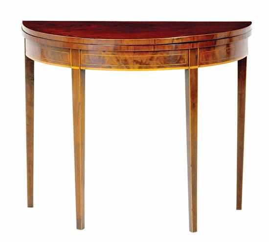 Appraisal: George III mahogany inlaid demilune card table circa banded and