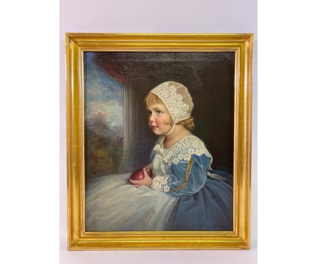 Appraisal: Oil on canvas portrait of a young girl holding a