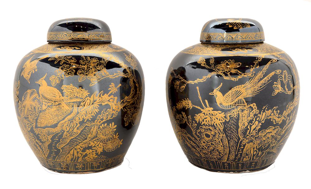 Appraisal: Pr Chinese Black Gilt Ginger Jars Pair of Chinese rounded