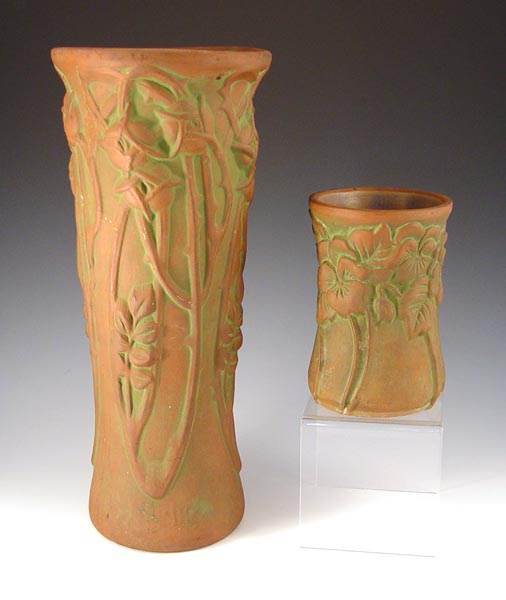 Appraisal: PETERS REED AZTEC MOSS POTTERY VASES '' tall and ''